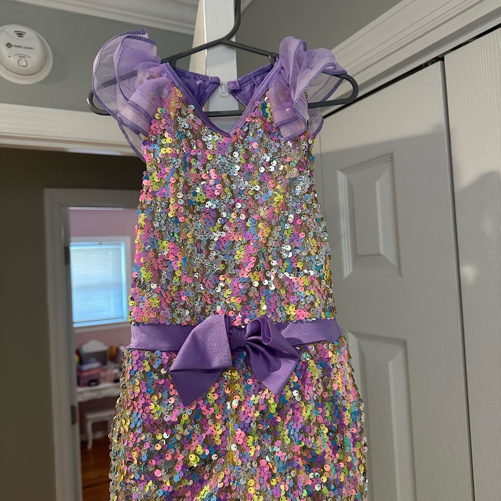 Weissman Multicolor Sequin Dress with Purple Bow